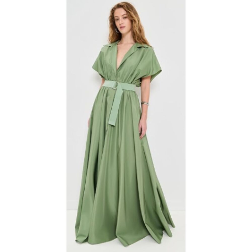 Norma Kamali Super Oversized Sleeveless Boyfriend Shirt Flared Gown Green Small